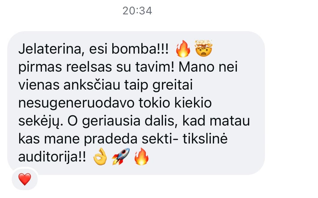 Klientės žinutė apie tikslinę auditoriją